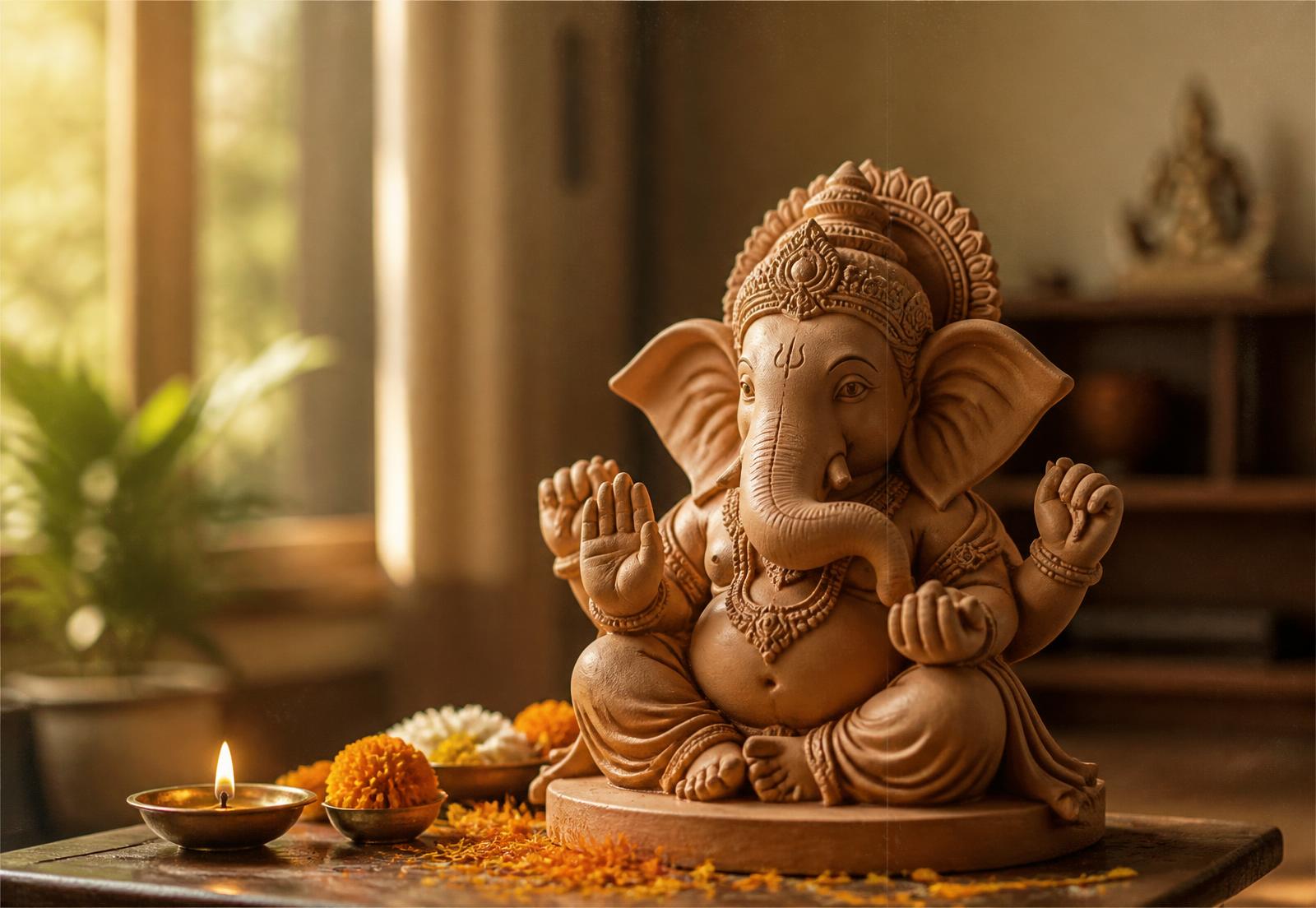 A handcrafted clay Aarambh Ganesha in a warm Indian home, lit by morning sunlight