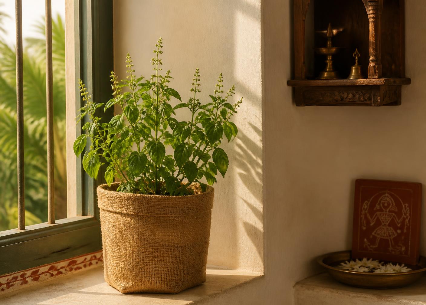 A tulsi plant growing in a jute grow bag on a sunlit windowsill